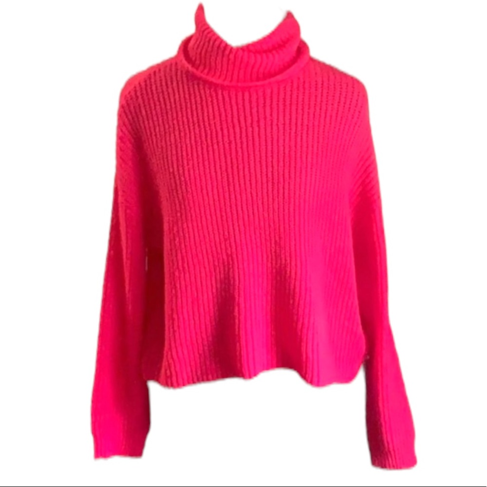 SO Juniors Large Neon Hot Pink Knit Pullover Crop Turtleneck Sweater